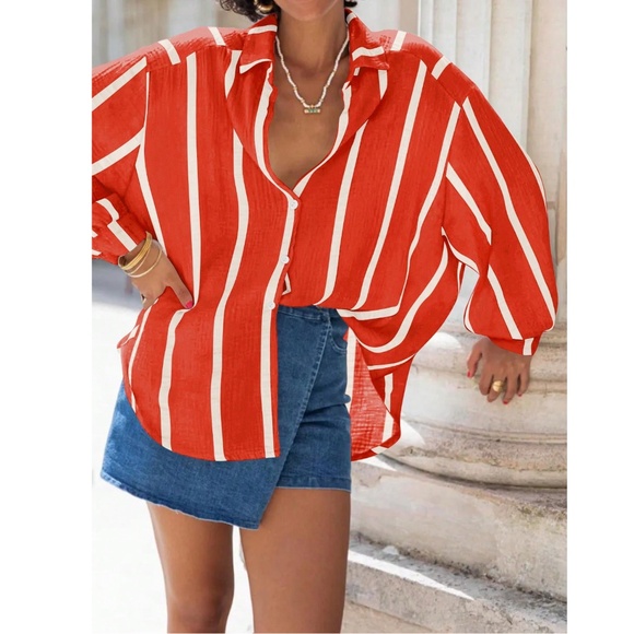 Red with White Stripes Oversized Button Down Shirt Long Sleeve - Picture 5 of 7